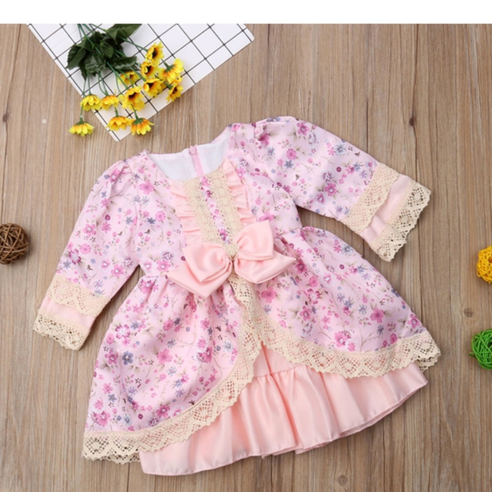Baby Girls Lace Ruffles Long Sleeve Floral dress - Picture 1 of 3